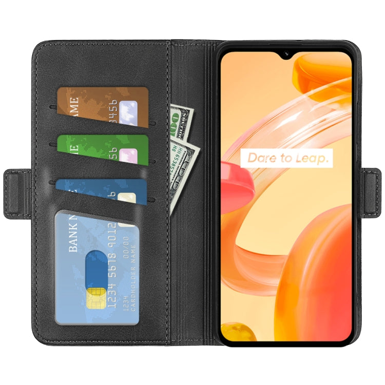 Black flip leather phone case with card slots, magnetic strap, and phone in place
