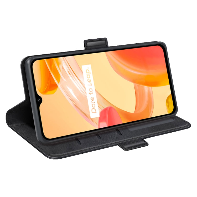 Black leather flip phone case with magnetic strap, standing support and visible screen