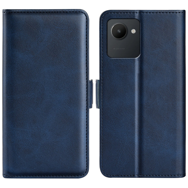 Dark blue flip leather phone case with magnetic buckle, dual-fold design and camera opening
