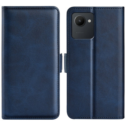 Dark blue flip leather phone case with magnetic buckle, dual-fold design and camera opening