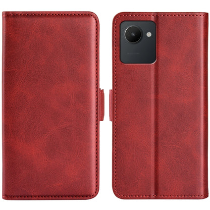 Red flip leather phone case with magnetic buckle and rear camera cutout