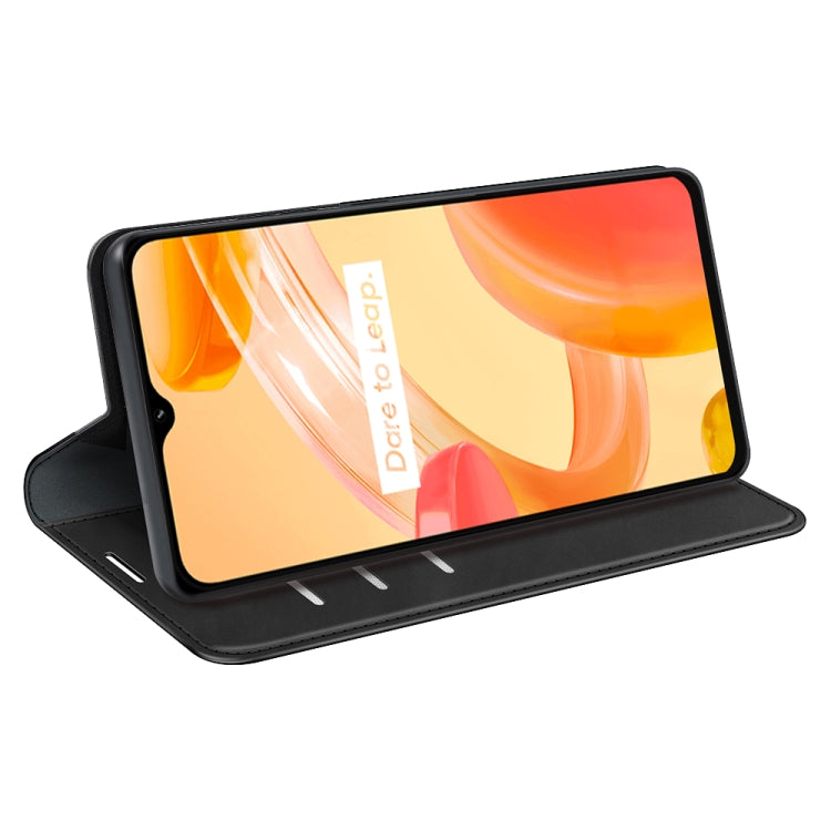Black leather folio phone case with built-in kickstand, phone propped up.