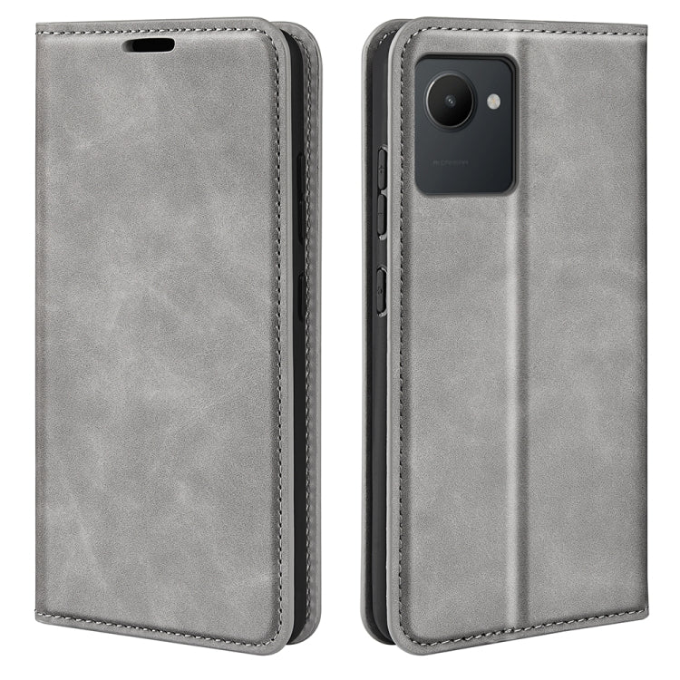 Grey folio leather phone case with stitched edges, front and back views.