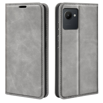 Grey folio leather phone case with stitched edges, front and back views.
