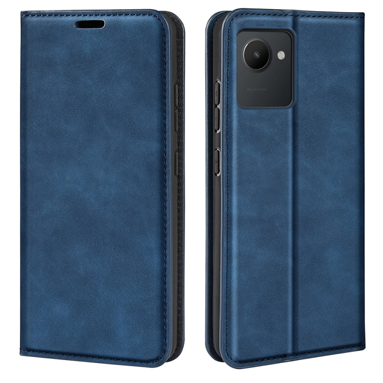 Blue folio leather phone case with stitched edges, front and back views.