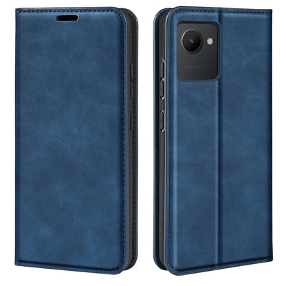 Blue folio leather phone case with stitched edges, front and back views.