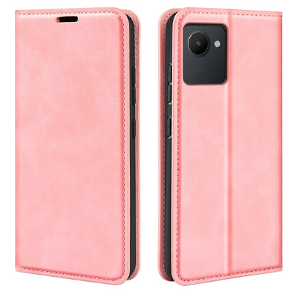 Pink folio leather phone case with stitched edges, front and back views.