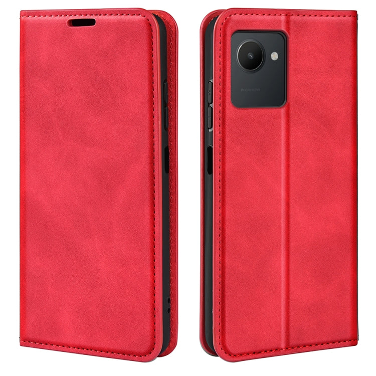Red folio leather phone case with stitched edges, front and back views.
