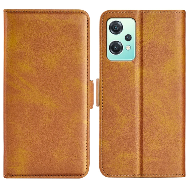 Brown leather horizontal flip phone case with magnetic buckle and stitched trim