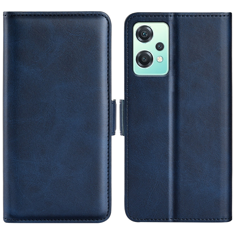 Dark blue leather horizontal flip phone case with magnetic buckle and stitched edges