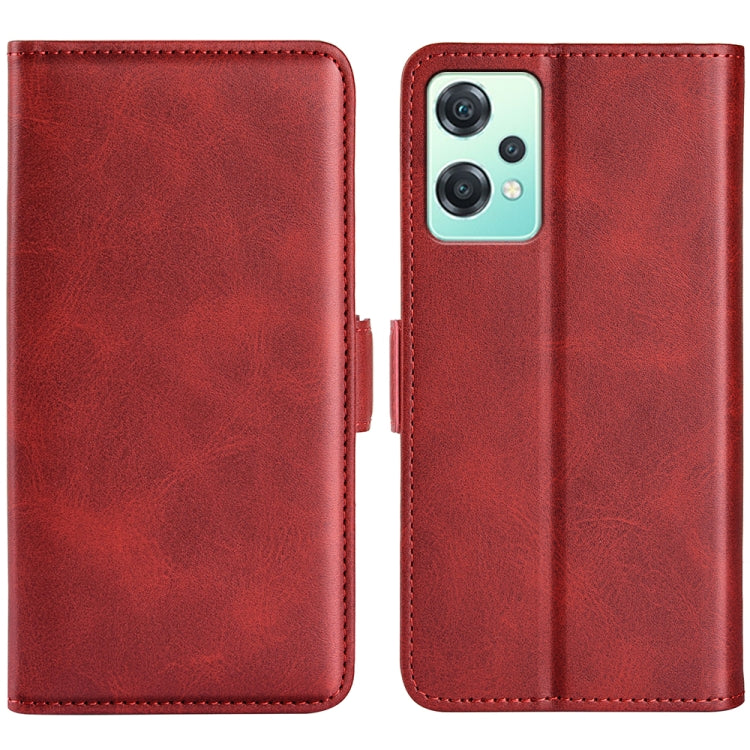 Red leather horizontal flip phone case with magnetic buckle and camera cutout