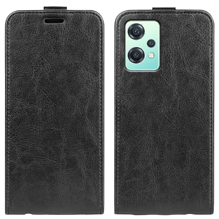 Black vertical flip leather phone case with cutout for camera and speaker