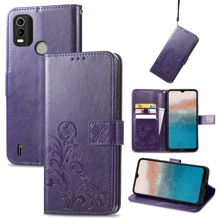 Purple leather phone case with embossed floral buckle clasp, flip cover and stand