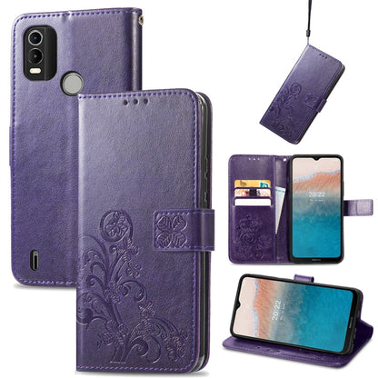 Purple leather phone case with embossed floral buckle clasp, flip cover and stand