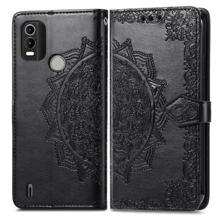 Black embossed leather mandala flip phone case, magnetic closure and side camera cutouts