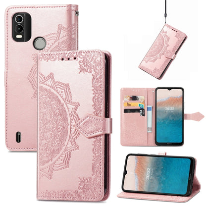 Rose gold embossed leather mandala flip phone case with card slots and magnetic closure