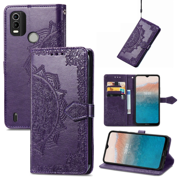 Purple embossed leather mandala flip phone case with card slots and foldover stand