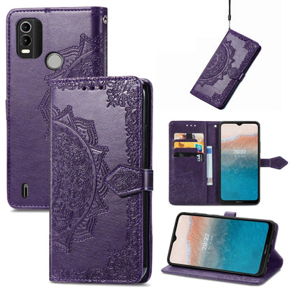 Purple embossed leather mandala flip phone case with card slots and foldover stand