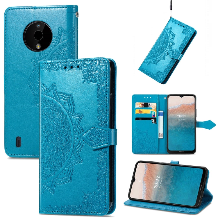Blue embossed mandala leather folio phone case with magnetic strap and camera cutout