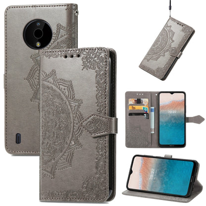 Gray embossed mandala leather folio phone case with magnetic strap and camera cutout