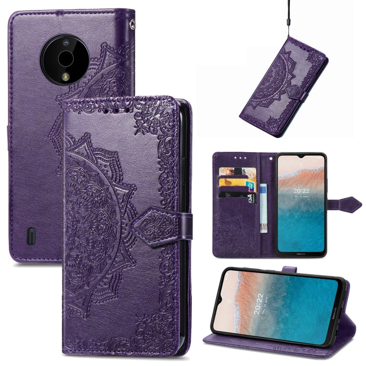 Purple embossed mandala leather folio phone case with magnetic strap and camera cutout