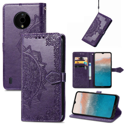 Purple embossed mandala leather folio phone case with magnetic strap and camera cutout