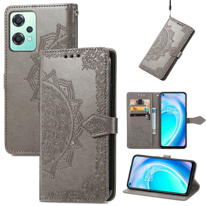Smoke gray embossed mandala leather folio phone case with magnetic strap and camera cutout