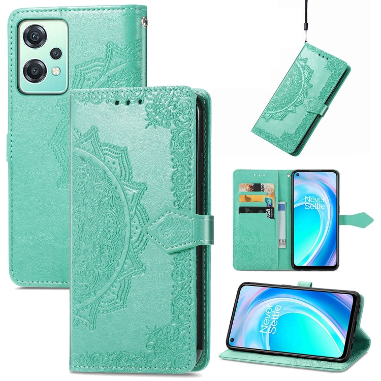 Mint green embossed mandala leather phone case with folio flap and card holder