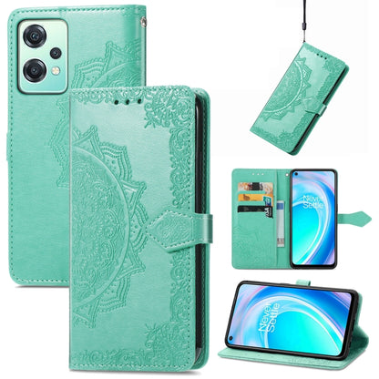 Mint green embossed mandala leather phone case with folio flap and card holder
