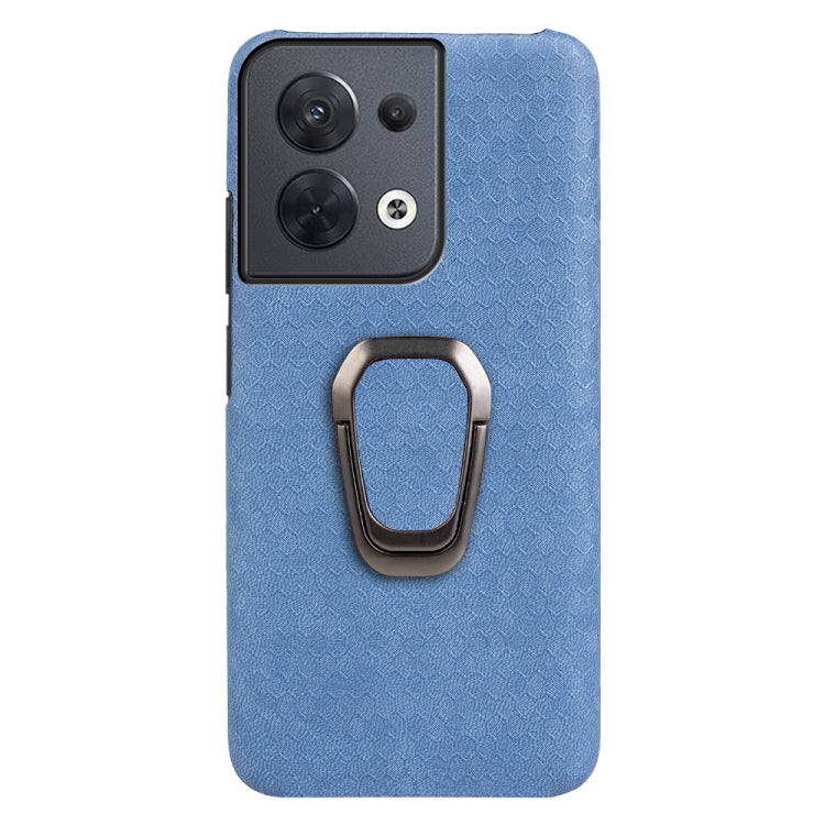 Blue honeycomb PU phone case with built-in ring holder, camera cutout, and button ports