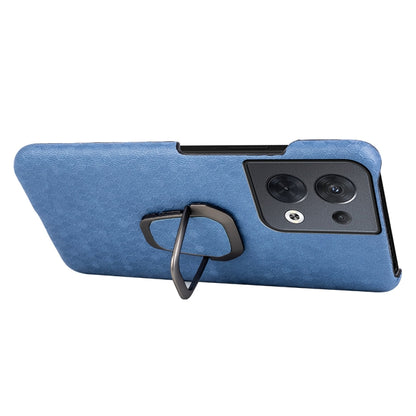 Blue honeycomb PU phone case with ring holder strap, camera panel, and side cutouts