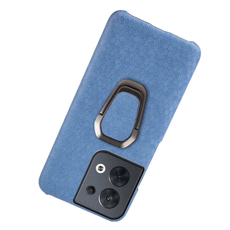 Blue honeycomb PU phone case with metal-style ring holder and dual camera cutout