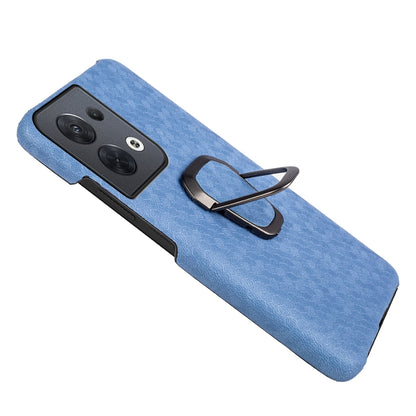 Blue honeycomb PU phone case with ring holder and camera cutout, shown at an angle