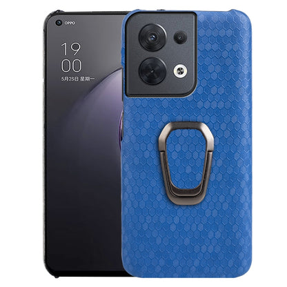Blue honeycomb PU phone case with ring holder, camera cutout, and secure phone fit