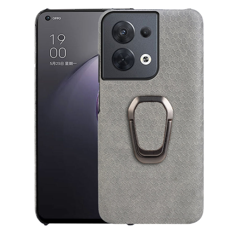 Grey honeycomb PU phone case with ring holder and cutouts for camera and side buttons