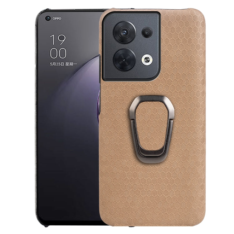 Beige honeycomb PU phone case with ring holder and camera cutout for Reno 8 5G