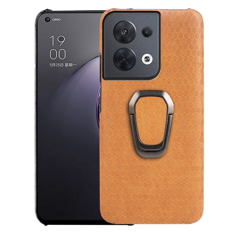 Orange honeycomb PU phone case with ring holder and dual camera cutout with flash opening