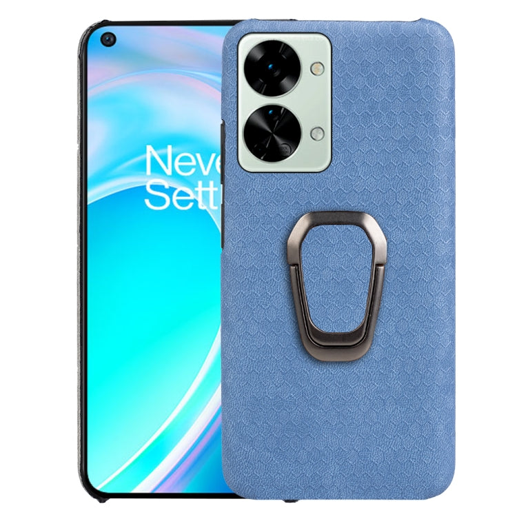 Blue honeycomb PU phone case with ring holder, cutouts for dual cameras and ports