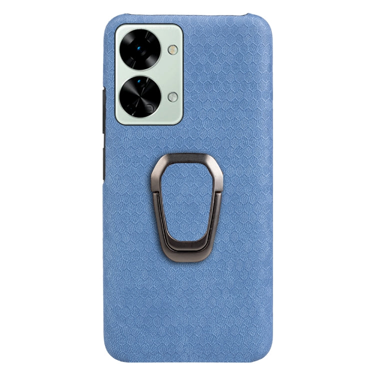 Blue honeycomb PU phone case with ring holder, dual camera cutout and side buttons