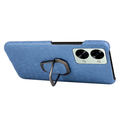 Blue honeycomb PU phone case with raised ring holder and dual camera cutouts