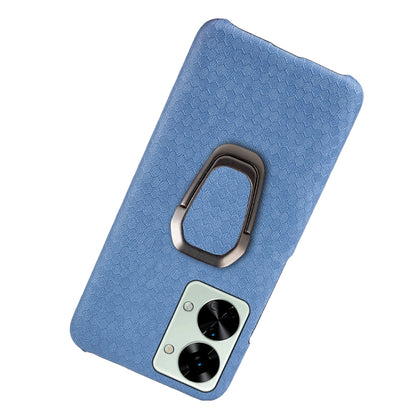 Blue honeycomb PU phone case with ring holder and dual camera cutout, angled view