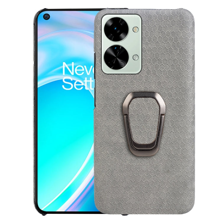 Gray honeycomb PU phone case with ring holder, dual camera cutout and back cover