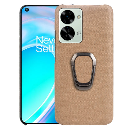 Brown honeycomb PU phone case with ring holder and dual camera cutout on back