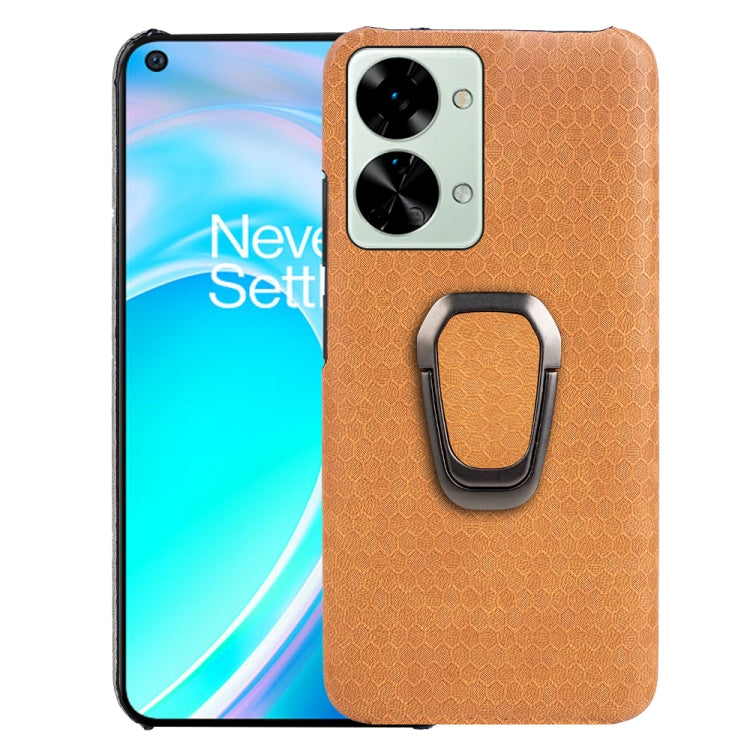 Orange honeycomb PU phone case with ring holder and dual camera cutout on back