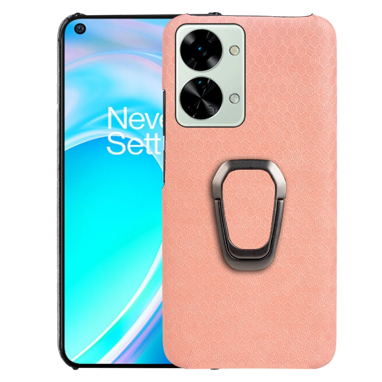 Pink honeycomb PU phone case with ring holder and dual camera cutout on back