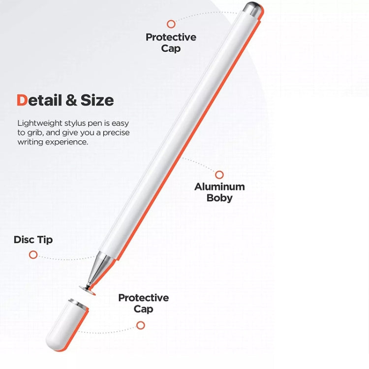 White stylus with disc tip and protective cap details, aluminum body