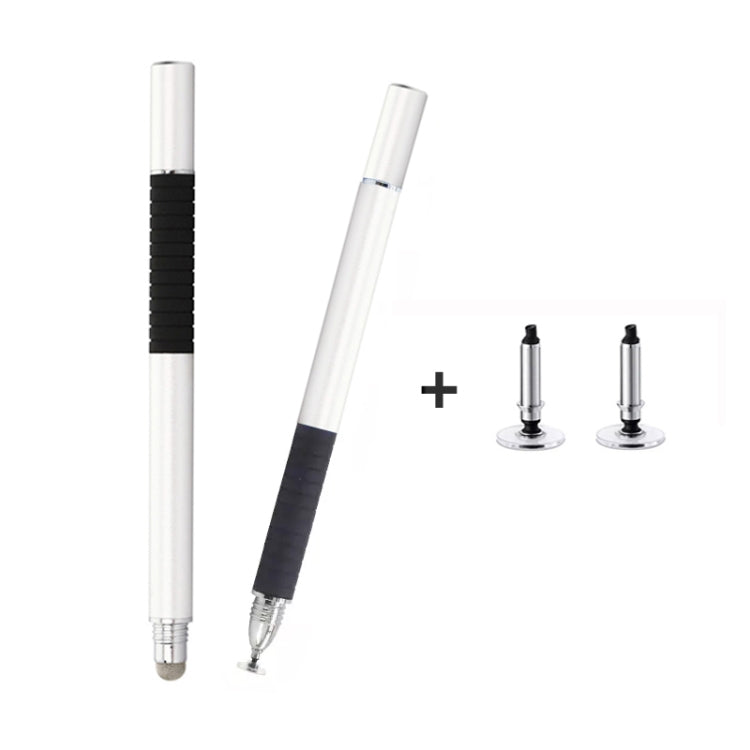 2-in-1 capacitive stylus pen with conductive cloth tip, light gray body and metal suction heads