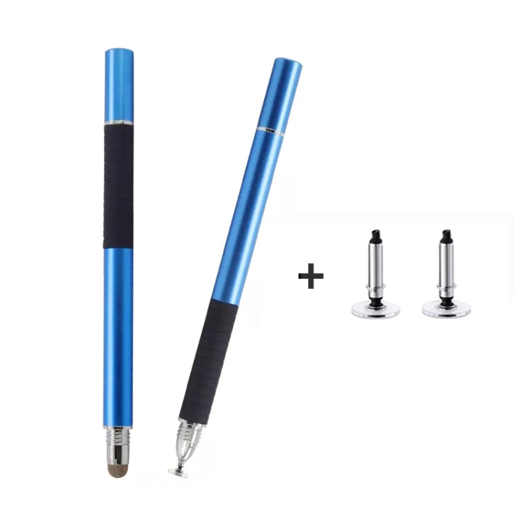 2-in-1 capacitive stylus pen with conductive cloth tip, blue body and metal suction heads