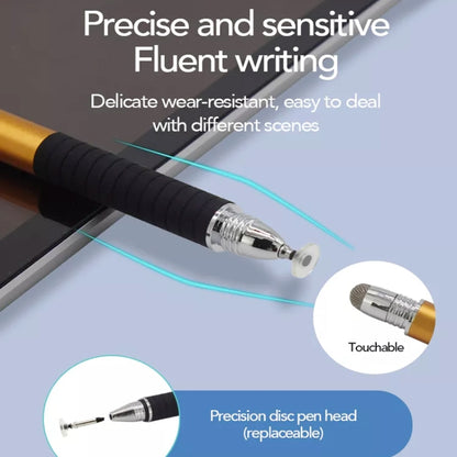 Capacitive stylus pen with silver tip and clear disc end for touch-screen writing