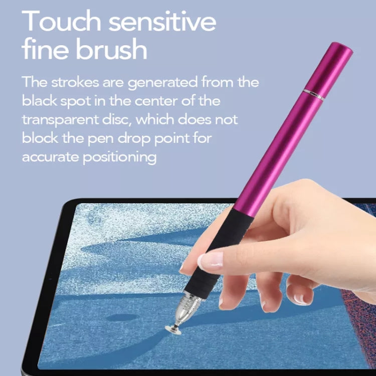 Pink capacitive stylus pen with fine tip, held by hand for touch-screen drawing